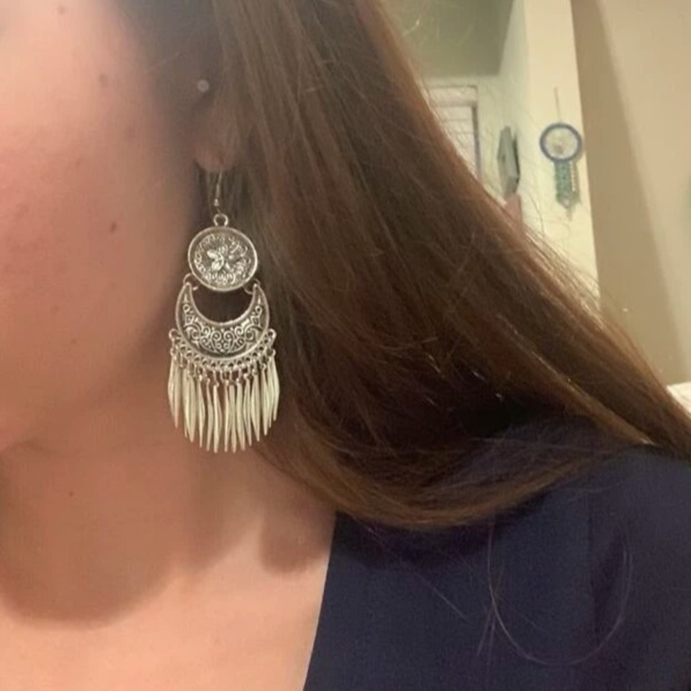 Exotically Shimmering Silver Metal Tasseled Medallion Chandelier Drop Earrings - Picture 10 of 15